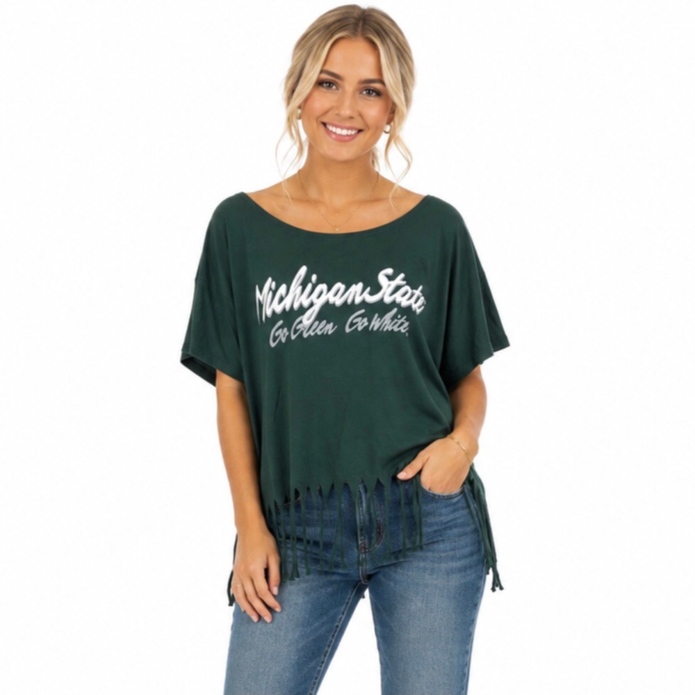Michigan State Spartans Womens Poncho Shirt Short Sleeve Fringe Tassles One Size